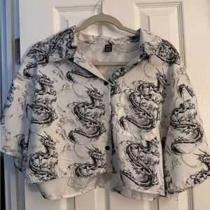White and black dragon cropped button up shirt